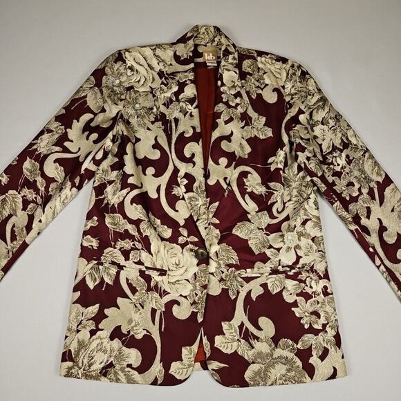 Vintage Washed Silk Blazer Women 2 Jacket Floral Elegant Formal Baroque Burgundy - Picture 10 of 14